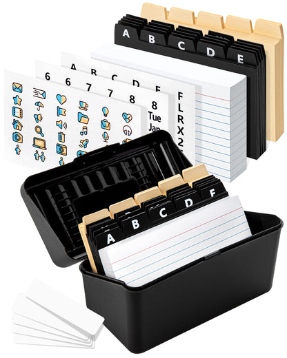 OFFILICIOUS Black Index Card Holder 4x6 - Index Card Box With Index Dividers, Ruled Cards & Stickers - Recipe & Flash Card Holder Box Organizer