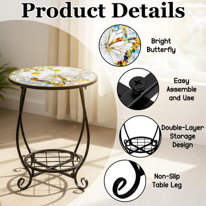 GQIRIL Outdoor Patio Side Table - 14" Metal Small Round Coffee Tables, Flower Butterfly Style Accent Stand End Snack Desk for Indoor Outside Balcony Yard Porch Bedside Poolside Garden Home Decoration