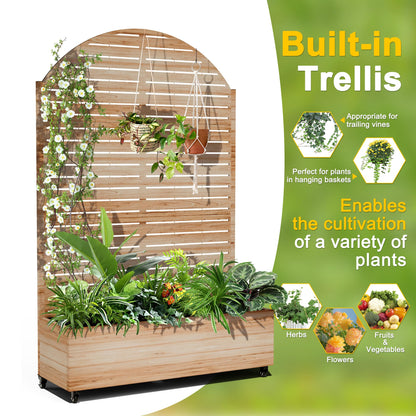 FENCY Metal Raised Garden Bed with Wheels and Trellis,Arched 73"x47"x16" Planter Box for Climbing Plants, Vegetables & Vines, Features Privacy Screen and Drainage Holes (Acacia Wood Finish)