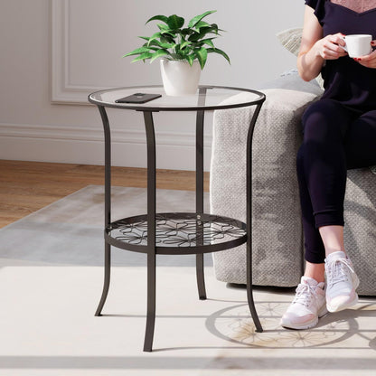 DDK 2-Tier Round Side Table with Tempered Glass Top & Decorative Floral Metal Shelf, Outdoor End Table for Patio Balcony, Indoor Accent Table for Living Room Bedroom