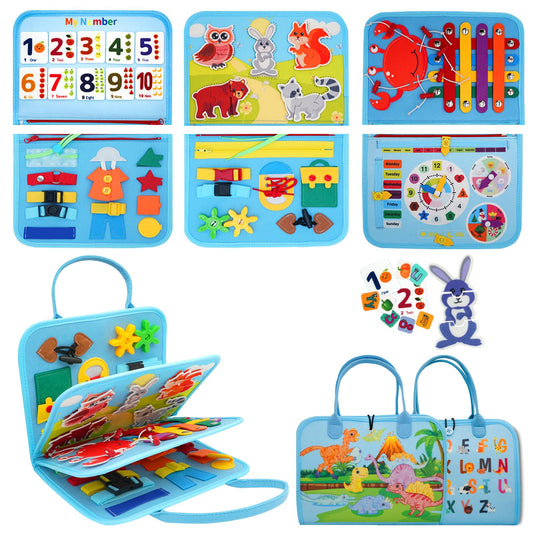 MEGRANATE Montessori Busy Board, Baby Busy Book Educational Learning Toys for Toddlers Quiet Book Activity Books Buckle Toy Fine Motor Skills Toys for 3+ Year Old Kids (Blue)