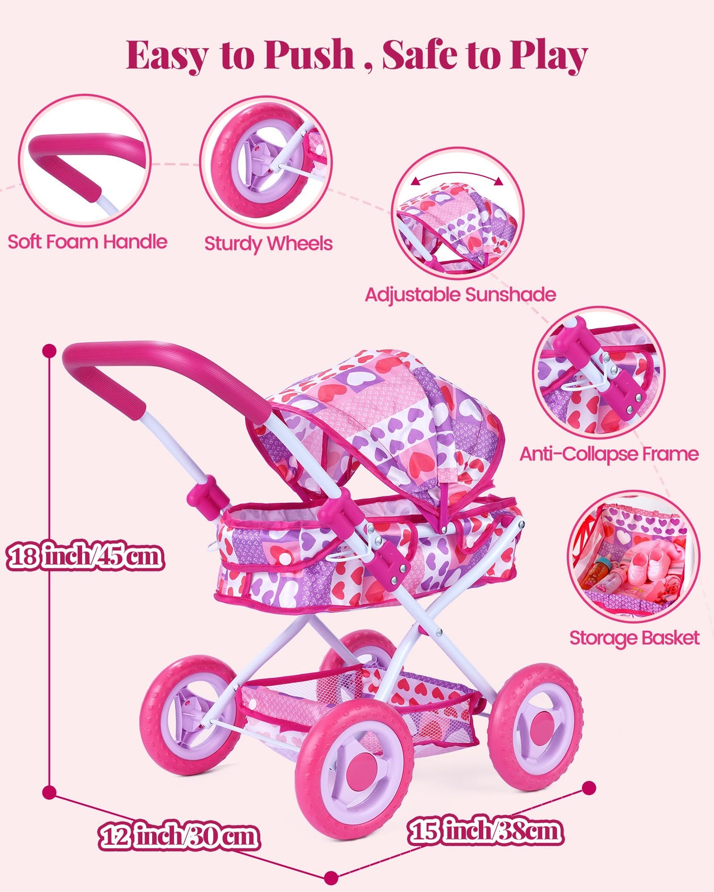 BABESIDE Baby Doll Stroller Set with 12 Inch Baby Doll, 14 Pcs Baby Doll Accessories, Folding Doll Pram Pretend Play Set, Feeding, Bath & Care Toys, Gift for Girls Ages 3yrs+