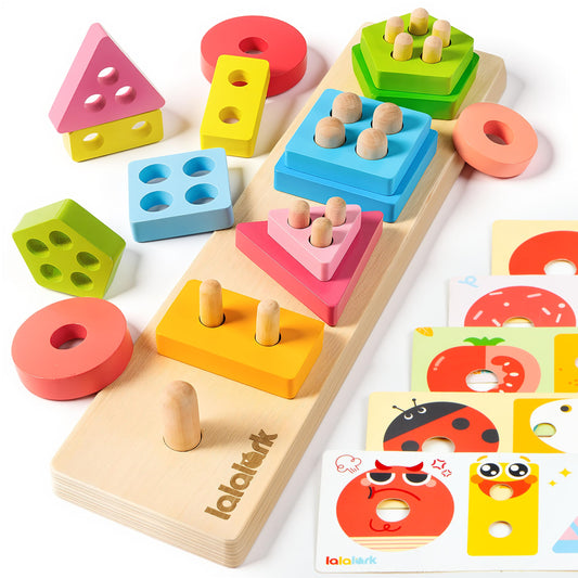 lalalark Montessori Toys for 1 2 3 Year Old, Wooden Sorting & Stacking Toys with 5 Theme Cards, Educational & Learning Sensory Sorter Toys for Toddlers，Boys Girls Easter Valentine Birthday Gifts