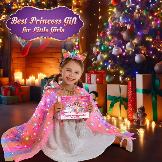 Fedio Princess Dress up for Girls,Unicorn Light up Princess Cape Set,Light up Princess Dress with Unicorn Toys for Girls 3-8 Halloween Pink