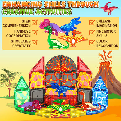 Coodoo Dinosaur Toys Magnetic Tiles Lava Dinosaur World Set - Magnetic Blocks Building for Kids 3-5 5-7 Girls Boys Toy Age 4-6 6-8, Classroom Must Haves Toddler Sensory for 3+ Year Old Kids Toys