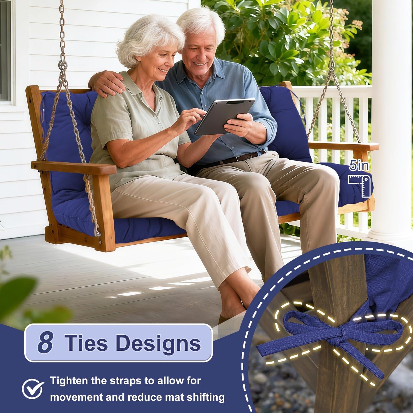 MQSXBF Porch Swing Cushions Outdoor 60 inch x 40 Waterproof Swing Cushions 3 Seater Replacement with Backrest & 8 Ties 5" Thick Bench Swing Cushions for Outdoor Furniture Patio(Navy Blue)