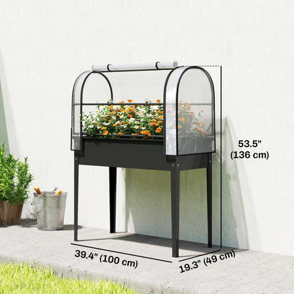 Outsunny Raised Garden Bed with Flip-Up Greenhouse Cover, Metal Elevated Garden Bed with Legs and Drainage Hole, Outdoor Raised Planter Box for Vegetables Herbs Flowers, 39.4" x 19.3" x 53.5", Black