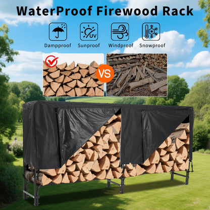 MERXENG 8ft Firewood Rack Holder with Cover, Heavy Duty Fire Log Stacker Stand for Fireplace, Outdoor Indoor Metal Wood Pile Storage Organizer, Patio Logs Stand tool, Black