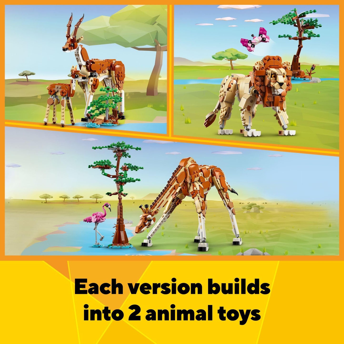 LEGO Creator 3 in 1 Wild Safari Animals, Rebuilds into 3 Different Safari Animal Figures - Giraffe, Gazelle or Lion Toy, Nature Toy, Building Set for Kids Ages 9 Years Old and Up, 31150