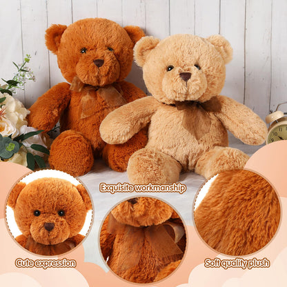 HyDren 2 Pack Bear Stuffed Animals 18 Inch Cuddly Stuffed Bear Plushies with Bow for Birthday Gifts Baby Shower Decors Valentines Party Decors(Light Brown,Brown)