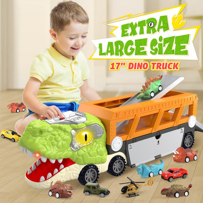 SpringFlower 11 in 1 Dinosaur Toys, Dinosaur Toys for Kids 3-5, Dinosaur Truck with 10 Pull Back Cars, Toddler Boy Toys Age 3 4 5, Boy Birthday Gifts with Sounds & Lights & Spray