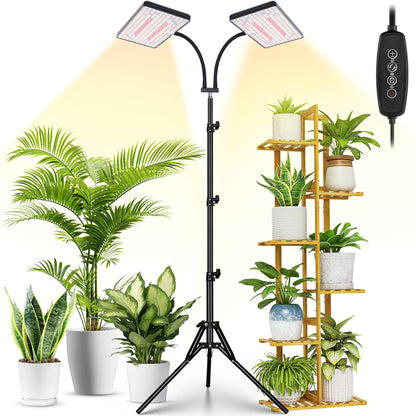 LBW Latest Grow Light for Indoor Plants, 428 LED Dual-Head Full Spectrum Standing Plant Light, Floor Grow Lamp with 3/6/12H Timer, 6 Brightness Levels, 3 Switch Modes, 75" Adjustable Tripod Stand