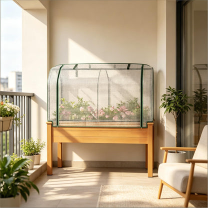 NOXJUQU Raised Garden Bed with Retractable Cover & Small Greenhouse, Elevated Wood Planter Box for Herbs Vegetables Flowers, Suitable for Patio Backyard Balcony Gardening