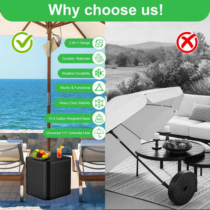 Umbrella Side Table with Hole, Fit Up to 1.5" Poles, Heavy Duty Fillable Base, 132 lbs Capacity, 2 in 1 Outdoor Patio Side Table for Patio Porch Deck Balcony Poolside, Easy Assembly, Modern Style