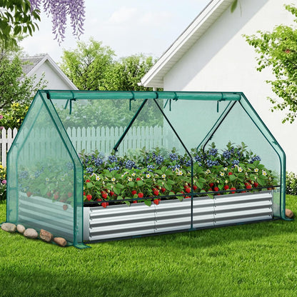 Ohuhu Raised Garden Bed with Greenhouse Cover, 8x4x1 FT Galvanized Metal Planter Box Outdoor with PE Cover, 4 Doors for Ventilation, 3-in-1 Gardening Set for Vegetable Flower Herb Succulent