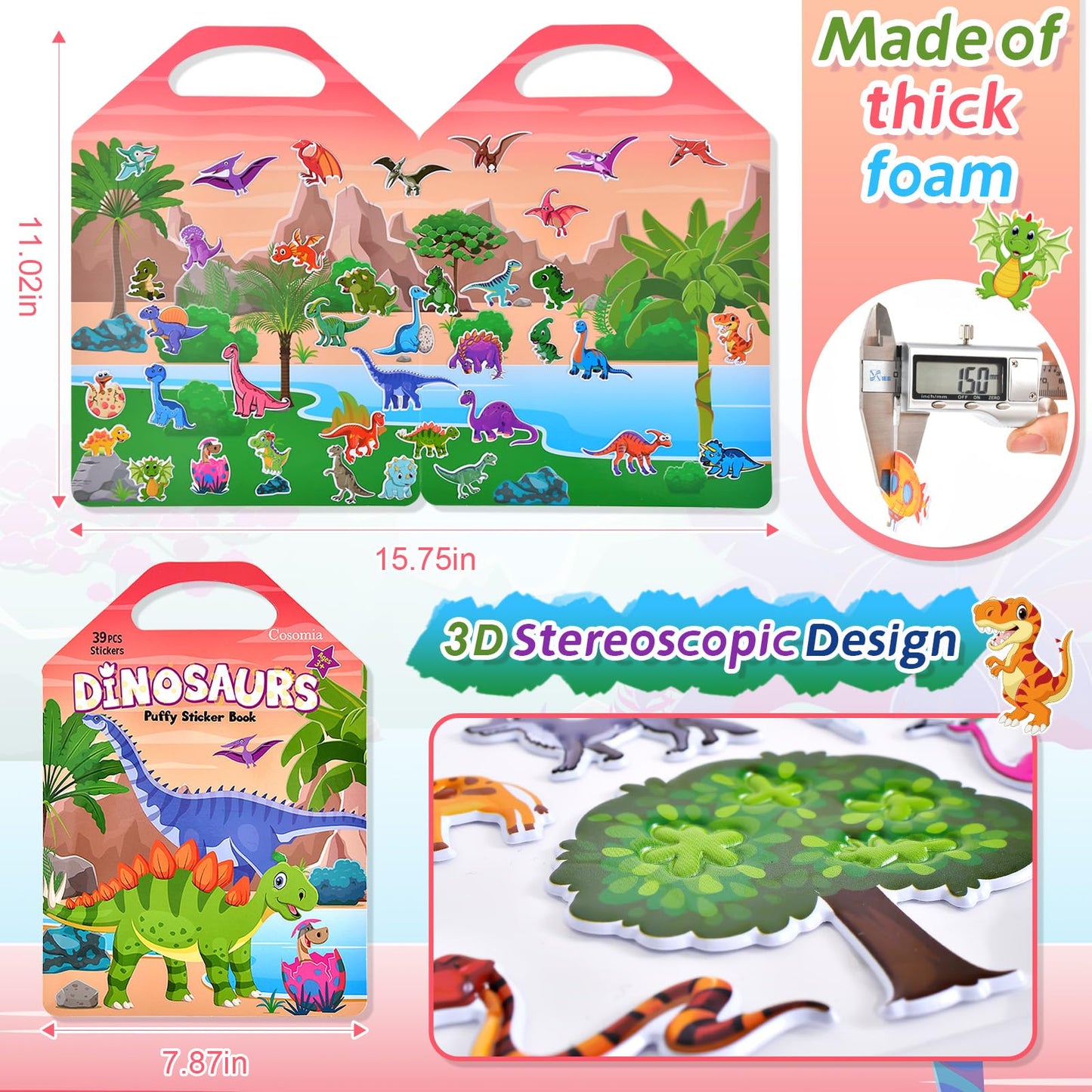 Cosomia 6 Set (260pcs) Puffy Sticker Books Activity for Kids, Animal, Farm, Dinosaurs, Space, Vehicle, Ocean, 3D Reusable Stickers for Boys and Girls, Travel Sticker Books for Kids Ages 3+
