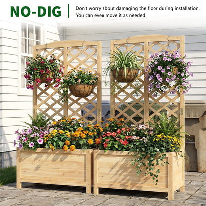 UrGROWA Wooden Raised Garden Bed with Trellis, Freestanding Planter Box with Drainage for Vines Climbing Plants Flowers Herbs, Elevated Gardening Planter for Backyard Balcony Patio