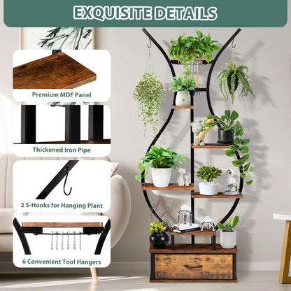 LOENIY 7-Tier Indoor Plant Stand with Hanging Hooks & Drawer, 68.1" Tall Vase-Shaped Corner Plant Stand includes Tool Hangers, Aesthetic Tall Plants Shelf for Multiple Plants Flower Pot, Outdoor Plant Holder in Patio Balcony