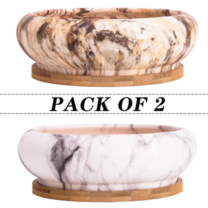 ARTKETTY Succulent Pots - 7.3 Inch Ceramic Bonsai Pots with Trays Set of 2, Large Succulent Plant Pots with Drainage Shallow Planters for Indoor Plants Marble Cactus Flower Plant Container Bowl