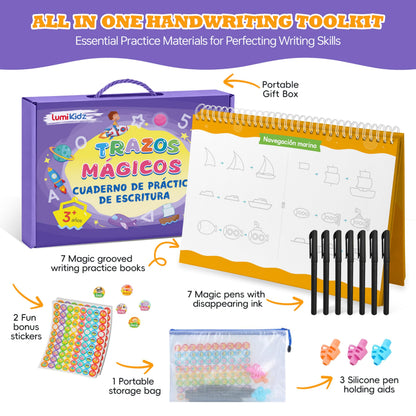 Lumikidz Spanish Magic Grooved Writing Practice for Kids Age 3-5 - Reusable Grooved Handwriting Practice Books for Kids 3-5 - Spanish Preschool Tracing Workbook - Learn Spanish Writing for Kids 5-7