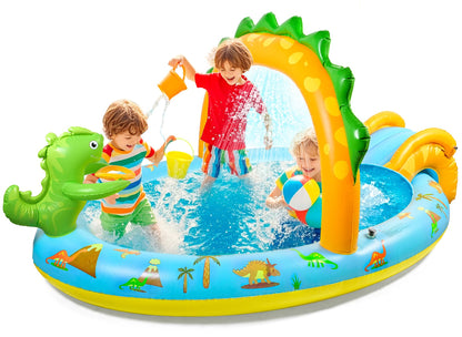 SULIFEEL Dinosaurs Inflatable Play Center Kiddie Pool with Slide and Sprinkler for Children, 96''x59''x39'' Baby Pool for Backyard and Garden