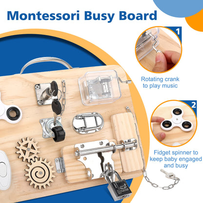 Pithfor Wooden Montessori Toys Busy Board for 1 2 3 4 Year Old, Baby Toddler Sensory Toys, for Fine Motor Skills, for Autism ADHD