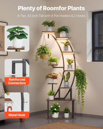 VEVOR Plant Stand Indoor with Grow Lights, 63 in Tall 9-Tier Lighted Plant Shelf, Metal Corner Plants Holder, 3 Timer & 10 Brightness, Curve-Shaped Flower Display Rack for Living Room Balcony Decor