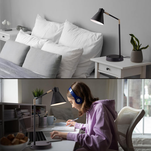 O'Bright Astrum - LED Desk Lamp with Dual USB Charging Ports, 100% Metal, 270 Degree Swivel Arms, Soft White Light (3000K), Bedside & Home Office Table Lamp, ETL Listed, Black