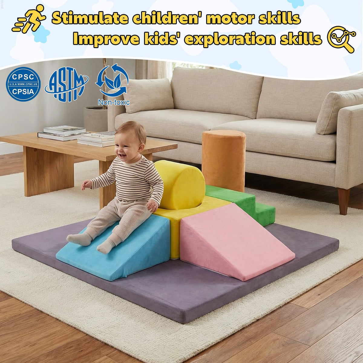 HAHASOLE 7-Piece Foam Climbing Blocks for Toddlers, Toddler Climbing Toys Indoor, Climb and Crawl Soft Foam Play Set with 47x47, 1.5" Thick Baby Play Mat for Floor, Removable & Machine-Washable Cover