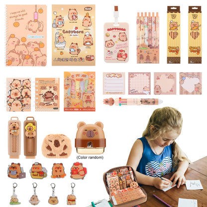 Lebaley Capybara Gifts - 27PCS Capybara Pencil Case，Capybara Stationery Set，Cute Back to School School Supplies，Pencil Bag include Gel Pens Pencil Sticky Notes Pins Notebook Card Holder Key Chain