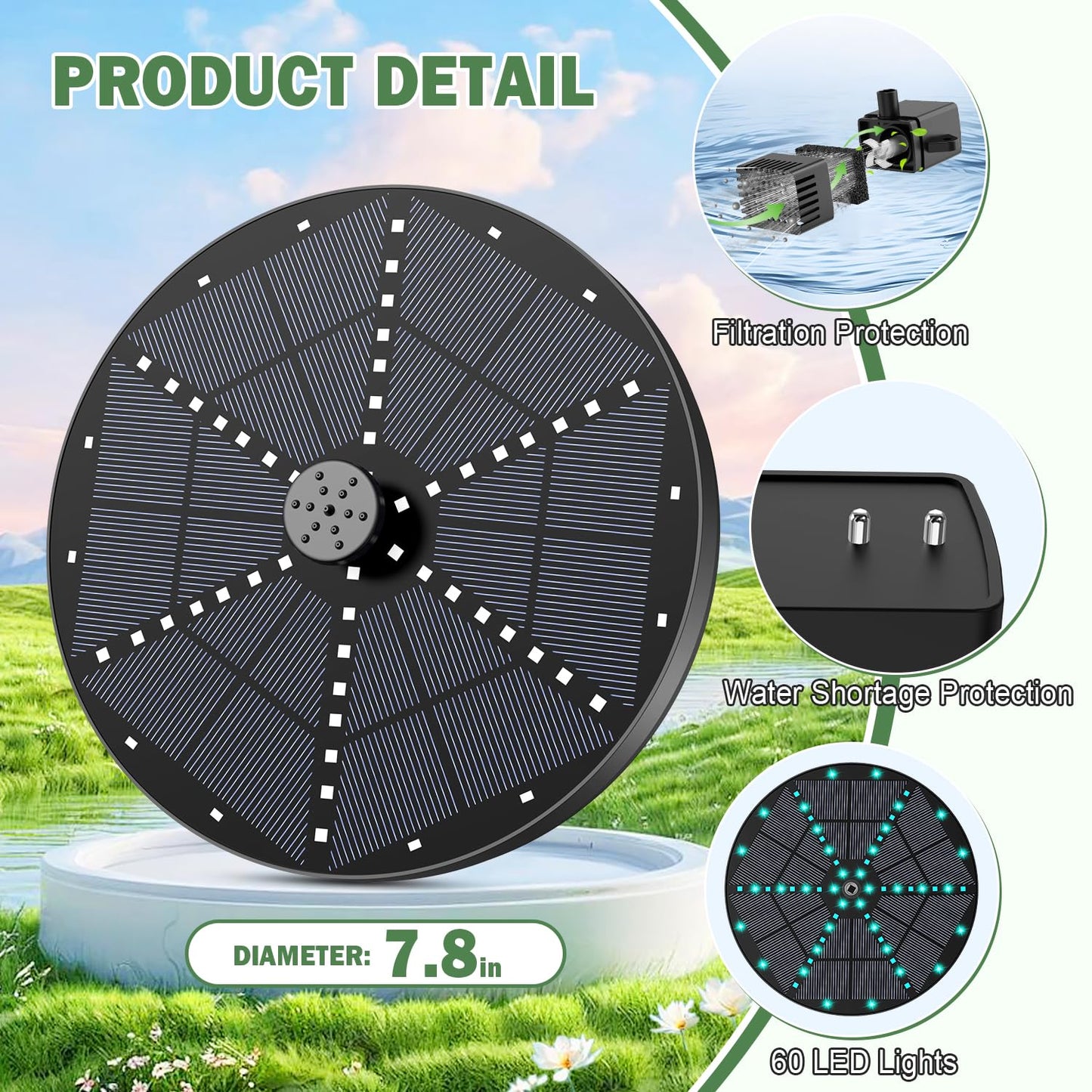 Yzert Upgraded Solar Fountain Bird Bath with 60 LED Lights, Solar Powered Water Fountain Pump with 4000mAh Battery 7 Nozzles 4 Fixers, for Garden Patio Pond Birdbath Pool