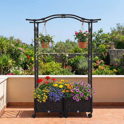 Giantex Planter Boxes with Arch Trellis, 5FT Self-Watering Tall Raised Garden Bed w/Wheels, Hanging Roof & Drainage Holes, Outdoor Indoor Tomato Planter for Climbing Vines Vegetables (60"x16"x58")