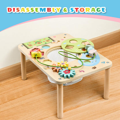 WINGYZ Activity Table, 6 in 1 Wooden Montessori Activity Center with Bead Maze Shape Sorter Fishing Game, Kids Sensory Play Table Toddler Toys 1st Birthday Gifts Boy Girl(Morandi)