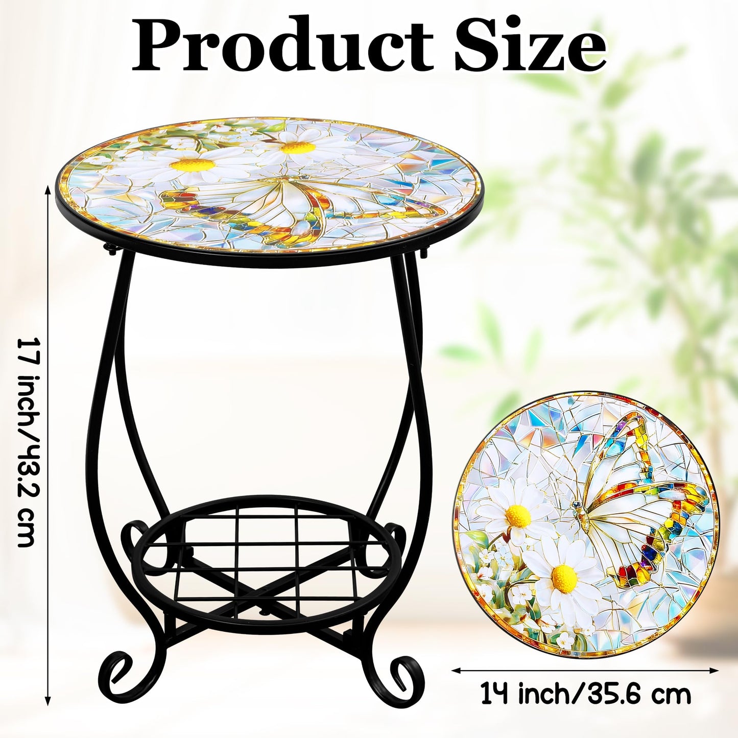 GQIRIL Outdoor Patio Side Table - 14" Metal Small Round Coffee Tables, Flower Butterfly Style Accent Stand End Snack Desk for Indoor Outside Balcony Yard Porch Bedside Poolside Garden Home Decoration