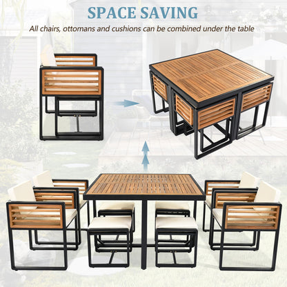 Merax 9 Pieces Outdoor Dining Set for 8 People, Acacia Wood Patio Furniture Sets with 1 Square Table, 4 Cushioned Chairs and 4 Ottomans for Backyard, Garden, Lawn, Poolside, Space Saving Design, Beige