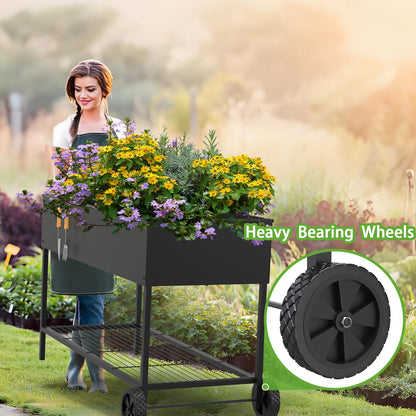 JWPEHOE 51 × 26 × 31.5 Inches Raised Garden Bed with Legs/Storage Shelf, Mobile Planter Box for Outdoor Plants, Elevated Garden Bed for Backyard, Balcony, Black