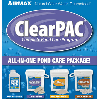 Airmax ClearPAC Plus Complete Pond Maintenance Kit, Natural Water Treatment, Live Microbe Sludge & Muck Reducer, Phosphate Control, Pond Dye - 1/4 Acre