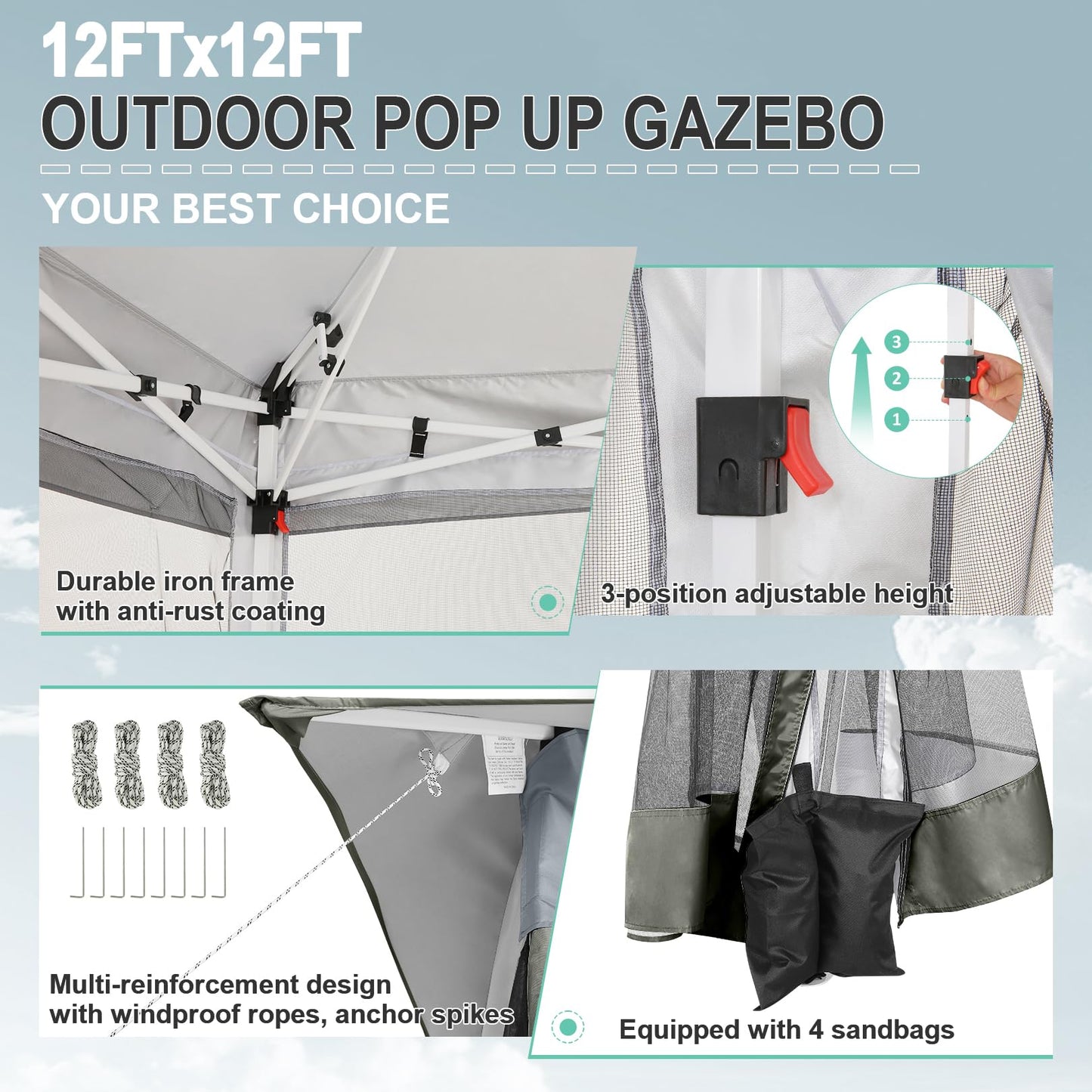 COBIZI 12x12 FT Pop up Gazebo on Clearance Outdoor pop up Canopy Tent,carpas para Patio, Shelter Tents with Sandbags & Portable Carry Bag, Patio Gazebos for Camping, Garden & Lawn, Darkgrey(Upgraded)