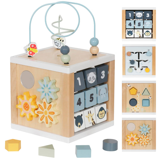 touch us Wooden Activity Cube, 6-in-1 Montessori Toys for 1+ Year Old Boys & Girls, Educational Learning Toys for 1 2 3 Year Old Baby|Bead Maze|Shape Sorter|Mirror|Gear