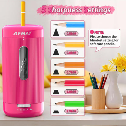 AFMAT Electric Pencil Sharpener, Auto in & Out, 5 Nibs, 7K+ Uses, Fully Automatic Classroom Pencil Sharpener, Rechargeable Hands-Free Sharpeners for Jumbo/Colored Pencils (φ6.5-12mm) PSC3(Rose Red)