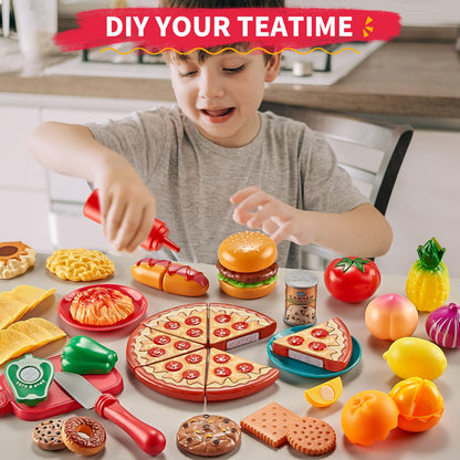 Comirth Play Food Sets for Kids Kitchen-80PC Pretend Food with 2 Kids Picnic Basket, Toy Food with Pizza Toy, Plastic Food Cutting Toys, Play Kitchen Accessories - Fake Food, Boys Girls Toddlers Gifts
