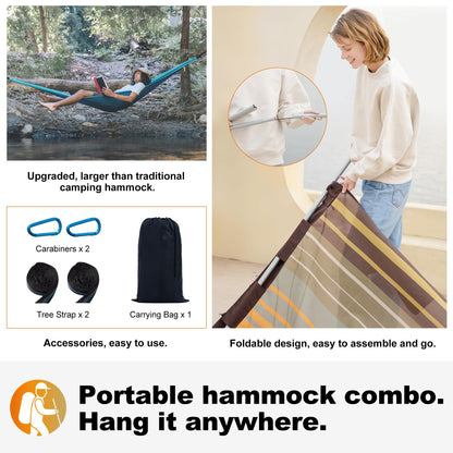 GAFETE 14ft 2 Person Hammock for Outside, Quick Dry Textilene, Portable Hammocks Without Stand with Folding Steel Spreader Bar, Carrying Bag, Tree Straps, Pillow & Sidebag, 550 lbs Capacity (Coffee)