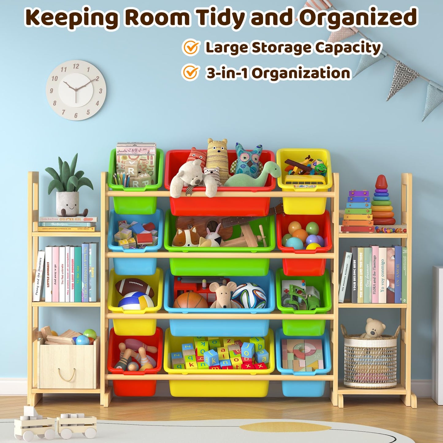Ratulie Large Toy Storage Organizer Kids Toy Organizer and Bookshelf Combo with 12 Bins and 6 Shelves Toy Organization Box Toy Shelf for Playroom, Bedroom, Nursery