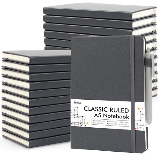 feela 24 Pack Journal Notebook for Work, Business Notebook Bulk Hardcover Lined Writing Journal with Pen Holder for Men Women Note Taking, with 24 Black Pens, 120 GSM, 5.1”x8.3”, A5, Gray