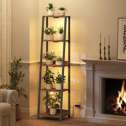 MAHANCRIS Plant Stand with Grow Light, 5 Tier Plant Shelf with Timer for Indoor Plants, Ladder Shape Flower Rack with Raised Back Edges, for Living Room, Balcony, Rustic Brown and Black PSHR05E01
