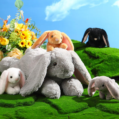 Sratte 5 Pcs Bunny Stuffed Animal Set Large Mommy Bunny Plush with 4 Cute Stuffed Baby Rabbit in Her Belly Soft Cuddly Rabbit Plush Gift for Birthday Baby Shower Party Favor(Gray,Lying Style)