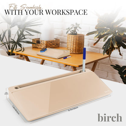 Birch Small Desktop Whiteboard – Glass Dry Erase Board Desk Pad Keyboard Stand with Storage Compartment Adjustable Dividers 3 Markers, Eraser & Holder – Perfect for Office, Home, & School (Sand)
