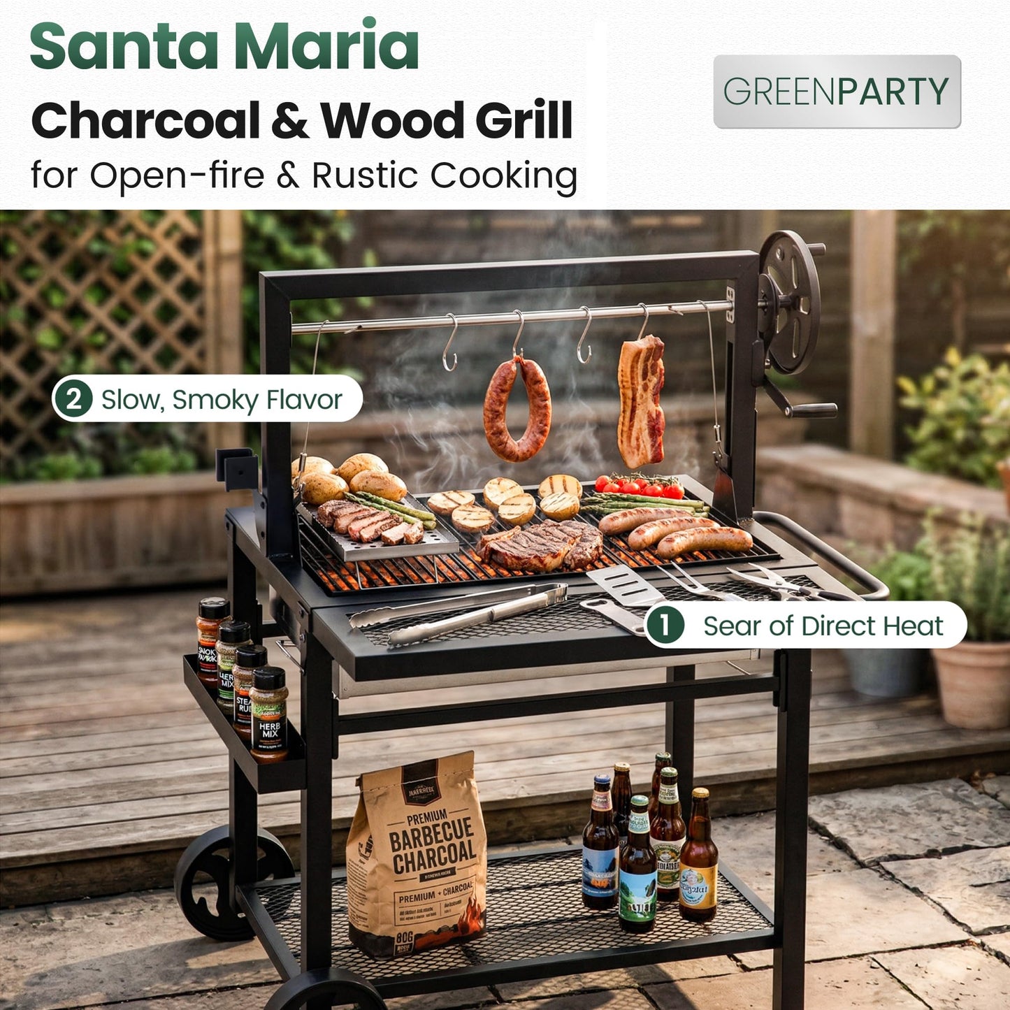 Argentine Santa Maria Grill, Wood Fire & Charcoal BBQ Grill with Adjustable Height Grates, Argentinian Open Fire Grill with S-Hooks and Foldable Front Table for Outdoor Patio Backyard Gaucho Grilling
