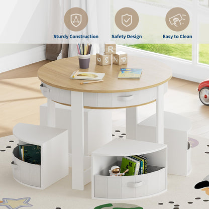Kids Table and Chair Set, 5 Pieces Wooden Round Nesting Design Children Multi-Activity Table With 4 Storage Stools & 4 Fabric Drawers, Toddler Table and Chair Set for Play/Art/Reading/Craft