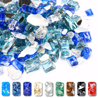 Grisun 10 Pound Fire Glass for Fire Pit - 1/2 inch Reflective Fire Glass Rocks, Decorative for Fireplace and Fire Table, Blend of Cobalt Blue, Caribbean Blue and Platinum